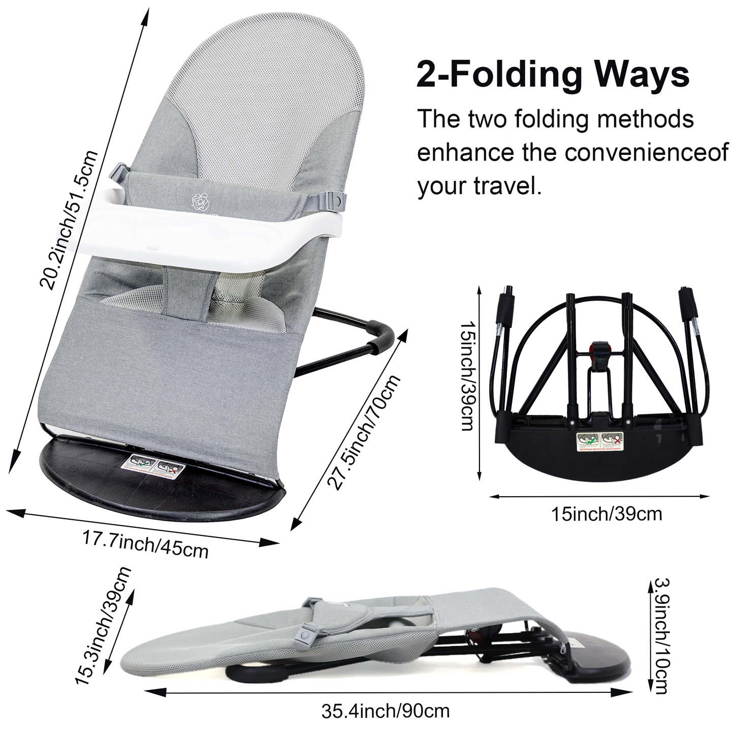 Baby Bouncer, Portable Baby Bouncer Seat, Infant Rocker Chair with 3 Recline Positions for Infants, Grey