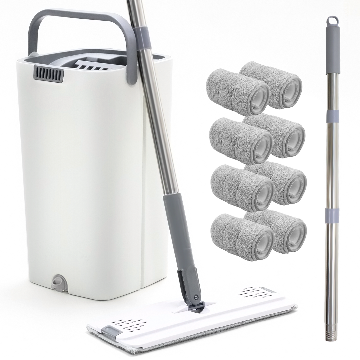 Happylost Mop and Bucket with Wringer Set for Home, Flat Mop and Bucket Set with Handles and 8 Microfiber Reusable Washable Pads, Wet and Dry Use