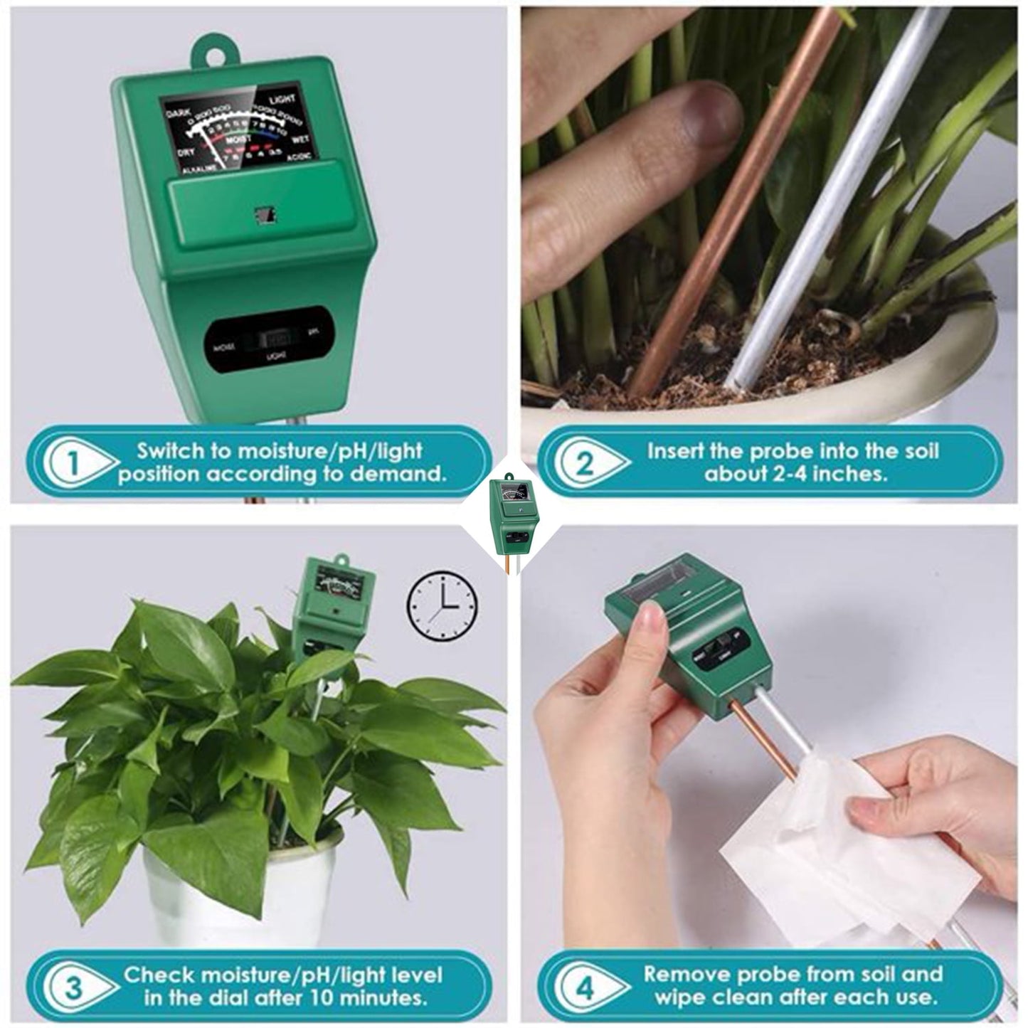 Soil pH Meter, 3-in-1 Soil Moisture Light pH Tester Gardening Tool Kits for Plant Care, Great for Garden, Lawn, Farm, Indoor & Outdoor Use