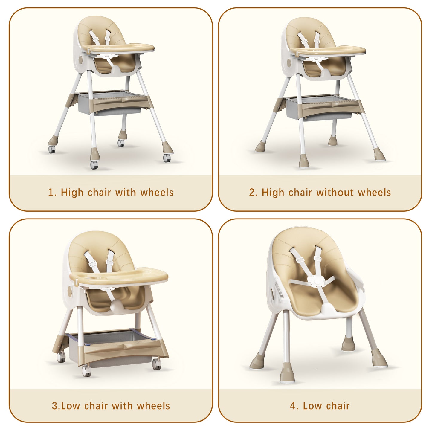 3 in 1 High Chair, Convertible High Chairs for Babies and Toddlers with Removable Tray & PU Cushion