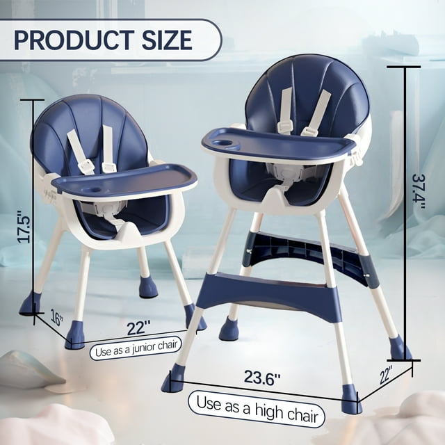 3 in 1 High Chair, Convertible High Chairs for Babies and Toddlers with Removable Tray & PU Cushion, Blue