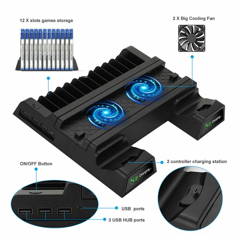 Cooling Fan For PS4 Dual Controller Charger Dock Station Slim Vertical Stand USB For Game Pad 4 Micro USB Adapter Ports