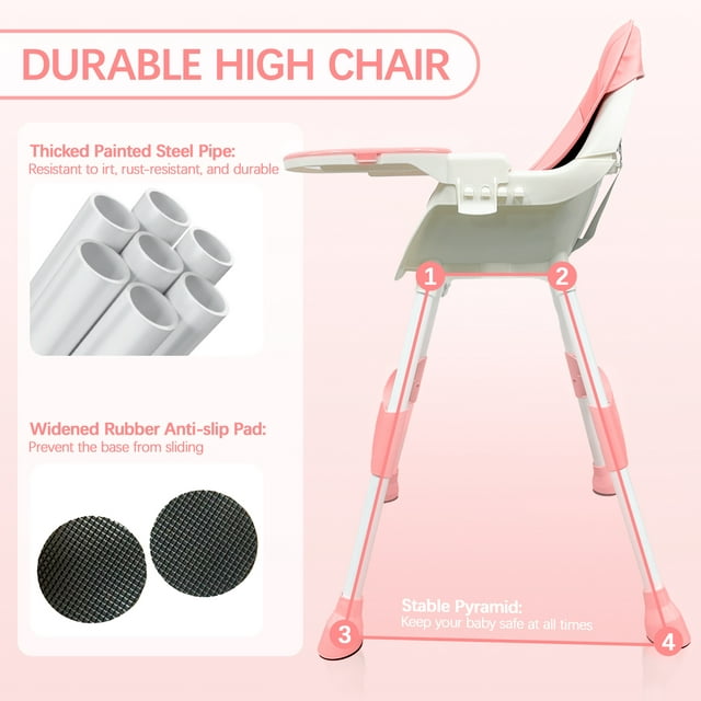 3 in 1 High Chair, Convertible High Chairs for Babies and Toddlers with Removable Tray & PU Cushion, Pink
