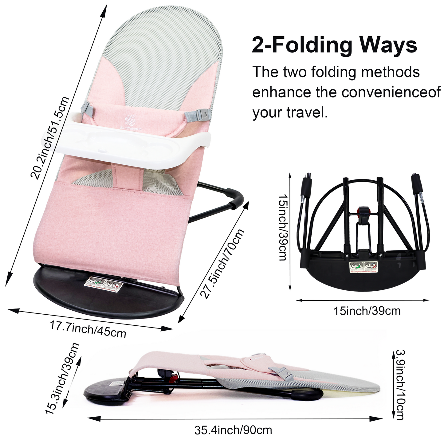 Baby Bouncer, Portable Baby Bouncer Seat, Infant Rocker Chair with 3 Recline Positions for Infants, Pink