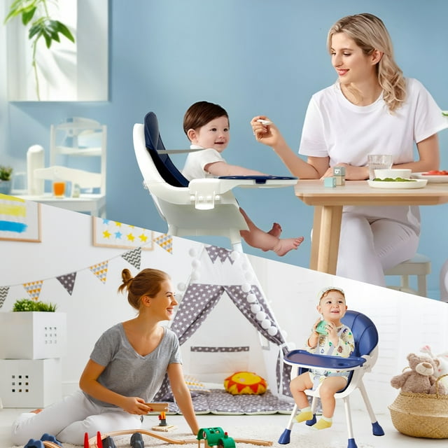 3 in 1 High Chair, Convertible High Chairs for Babies and Toddlers with Removable Tray & PU Cushion, Blue