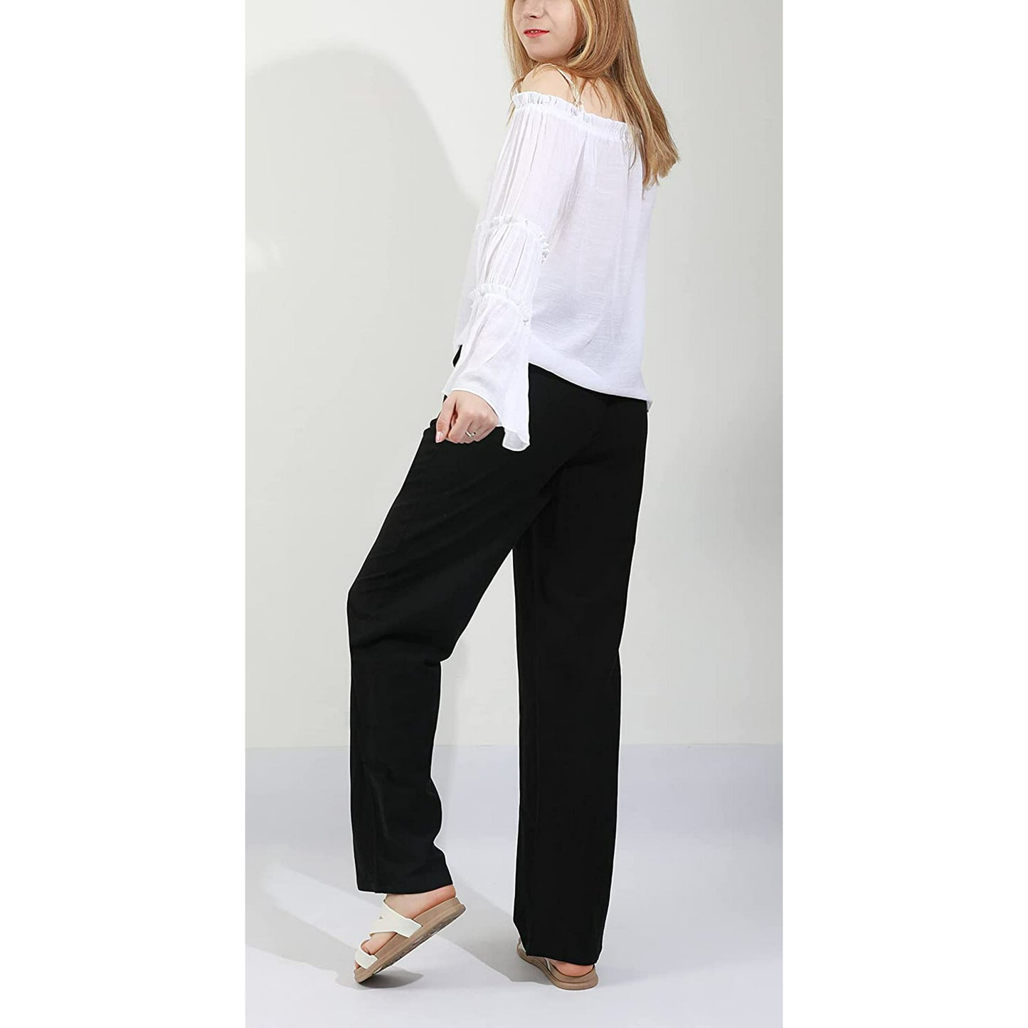 SOMER Pants for Women Flowy Casual Drawstring Waist Wide Leg Loose Cotton Linen Palazzo Pants with Pocket
