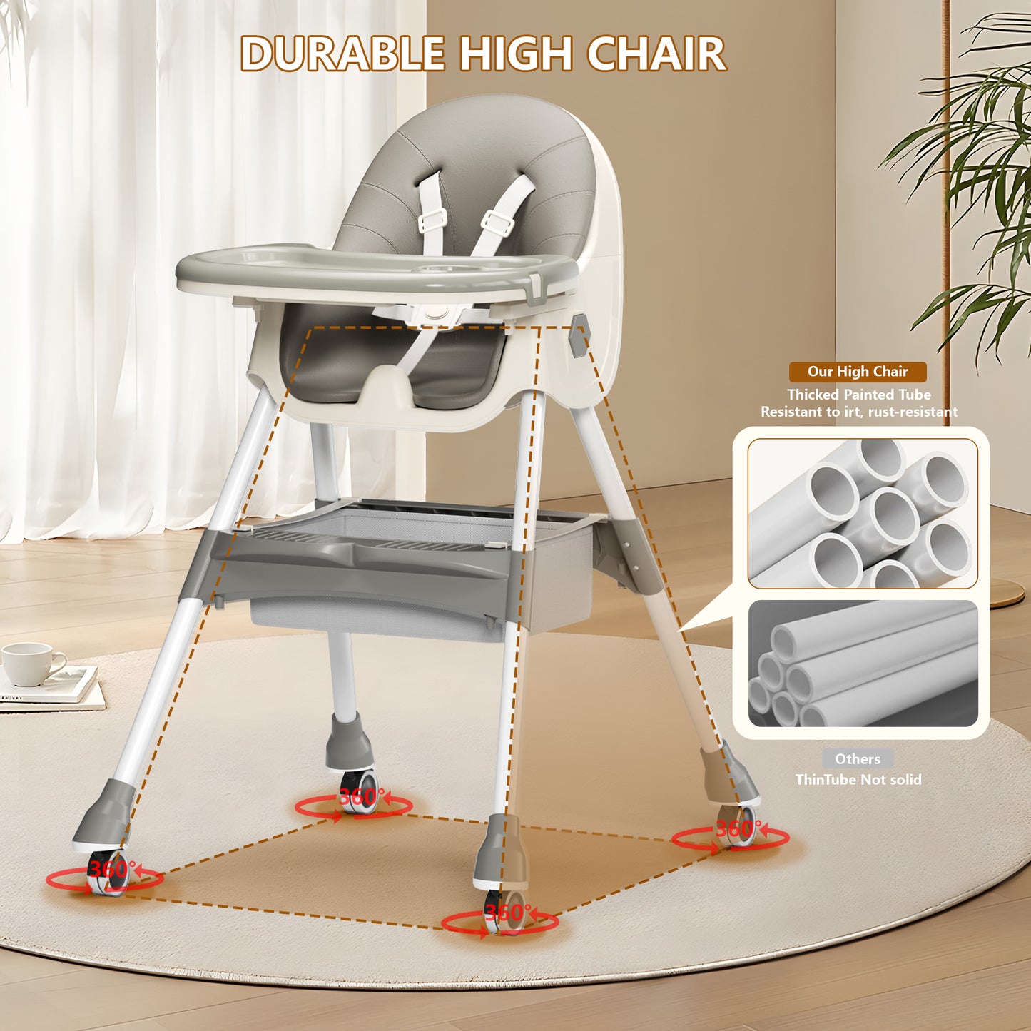 3 in 1 High Chair, Convertible High Chairs for Babies and Toddlers with Removable Tray & PU Cushion