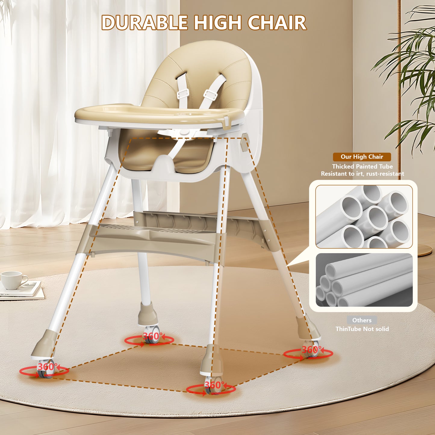 3 in 1 High Chair, Convertible High Chairs for Babies and Toddlers with Removable Tray & PU Cushion