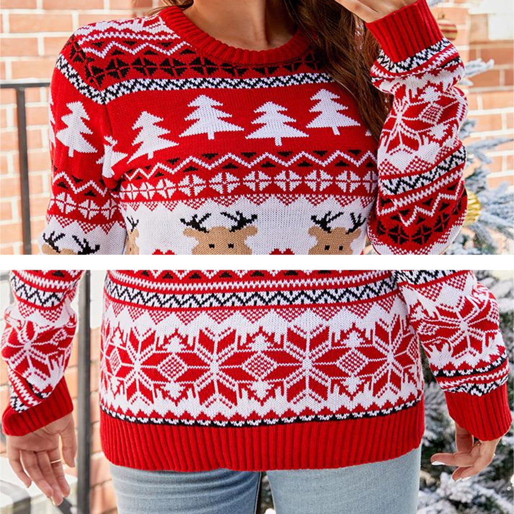 SOMER Christmas Sweater Reindeer Xmas Tree Snowflake Festival Ugly Knit Sweater Holiday Long Sleeve Elk Pullover
