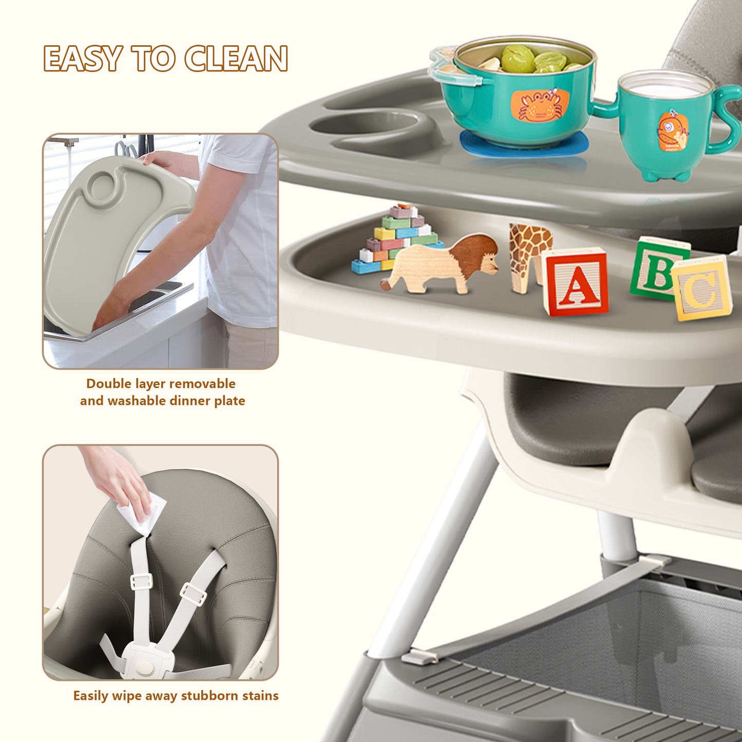 3 in 1 High Chair, Convertible High Chairs for Babies and Toddlers with Removable Tray & PU Cushion