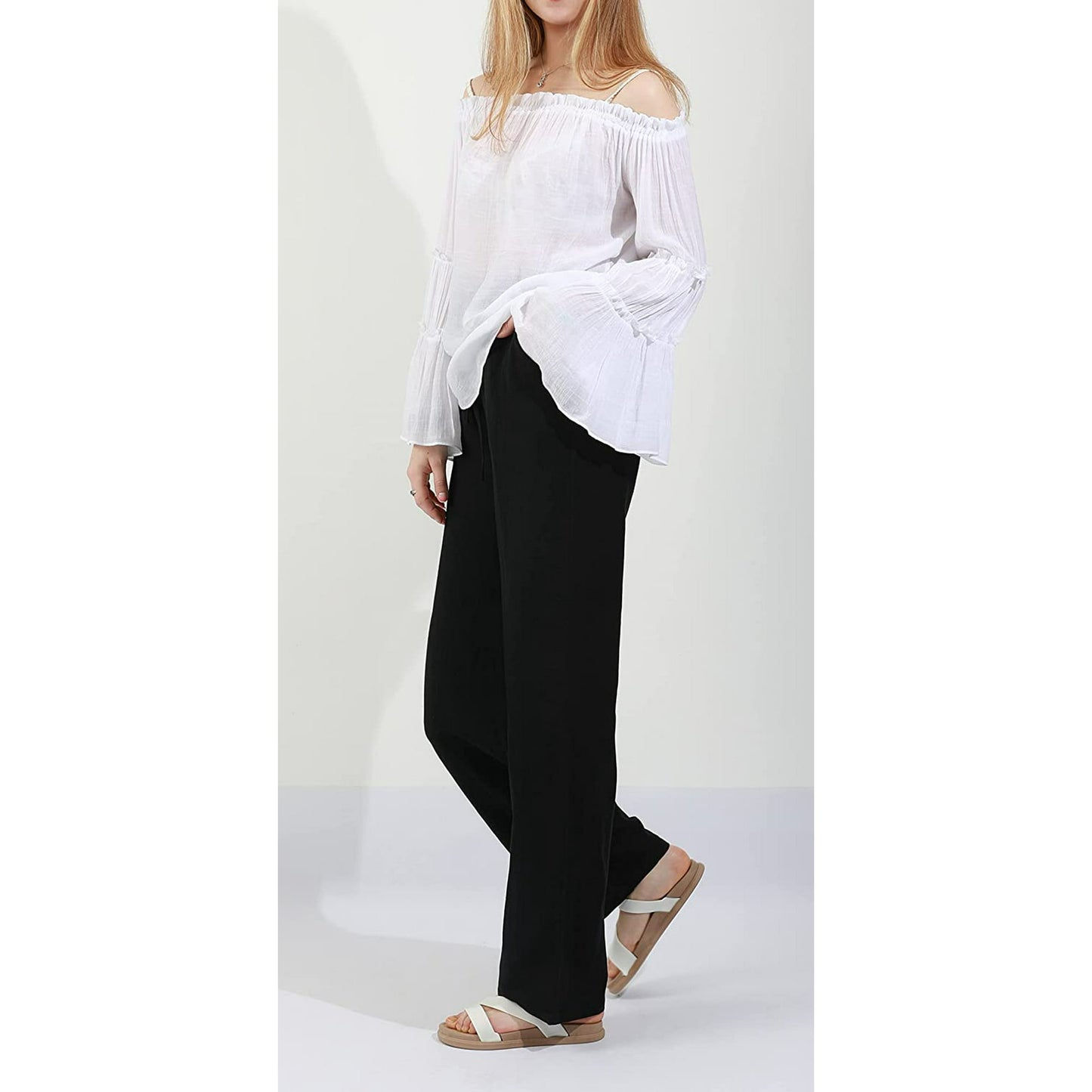 SOMER Pants for Women Flowy Casual Drawstring Waist Wide Leg Loose Cotton Linen Palazzo Pants with Pocket