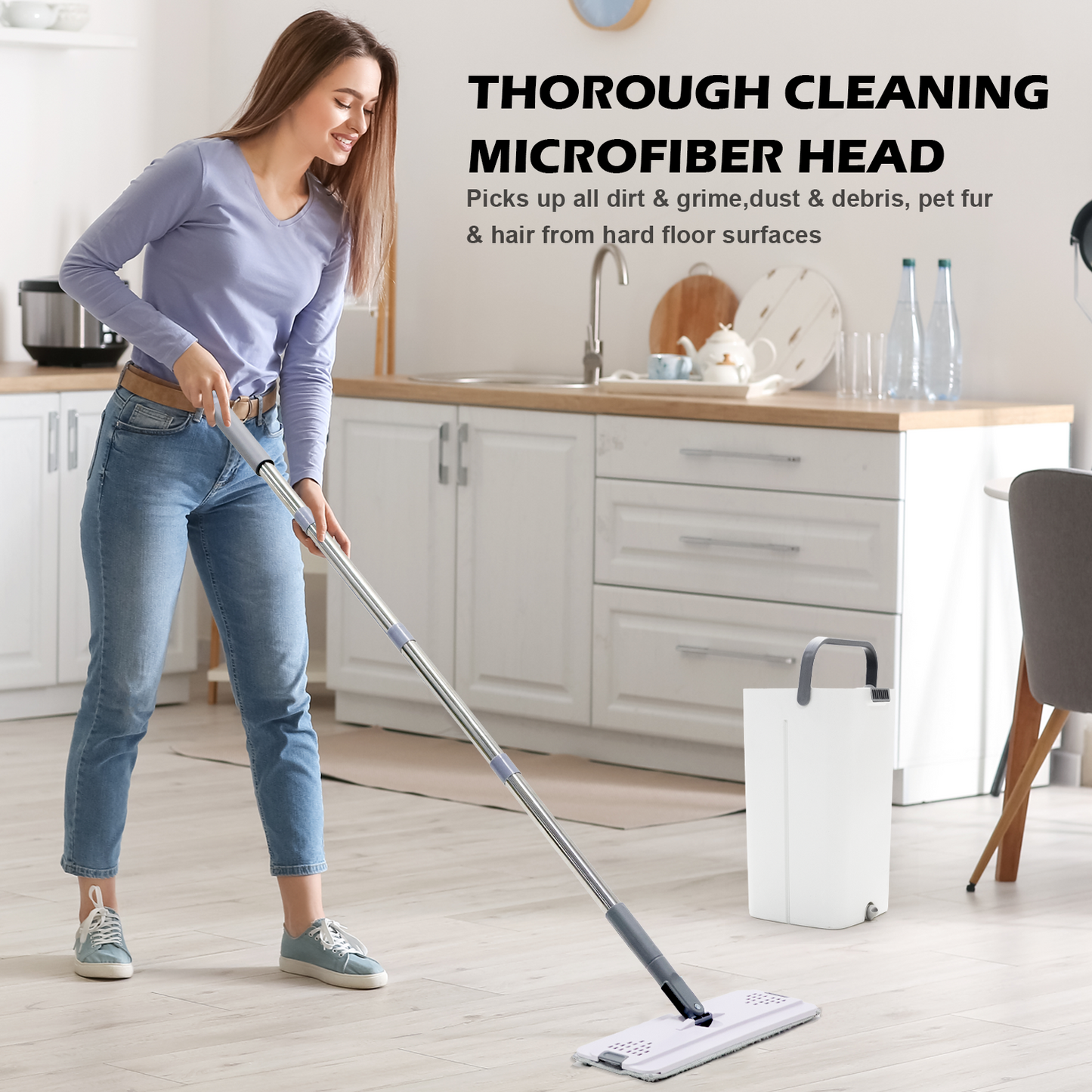 Happylost Mop and Bucket with Wringer Set for Home, Flat Mop and Bucket Set with Handles and 8 Microfiber Reusable Washable Pads, Wet and Dry Use