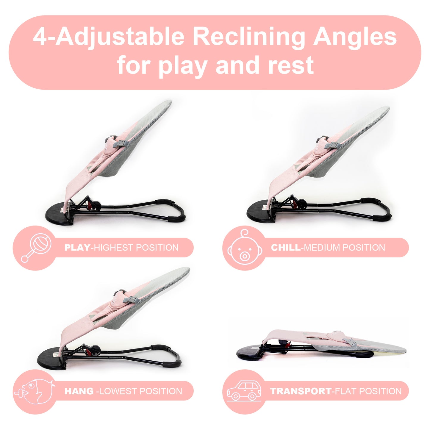 Baby Bouncer, Portable Baby Bouncer Seat, Infant Rocker Chair with 3 Recline Positions for Infants, Pink