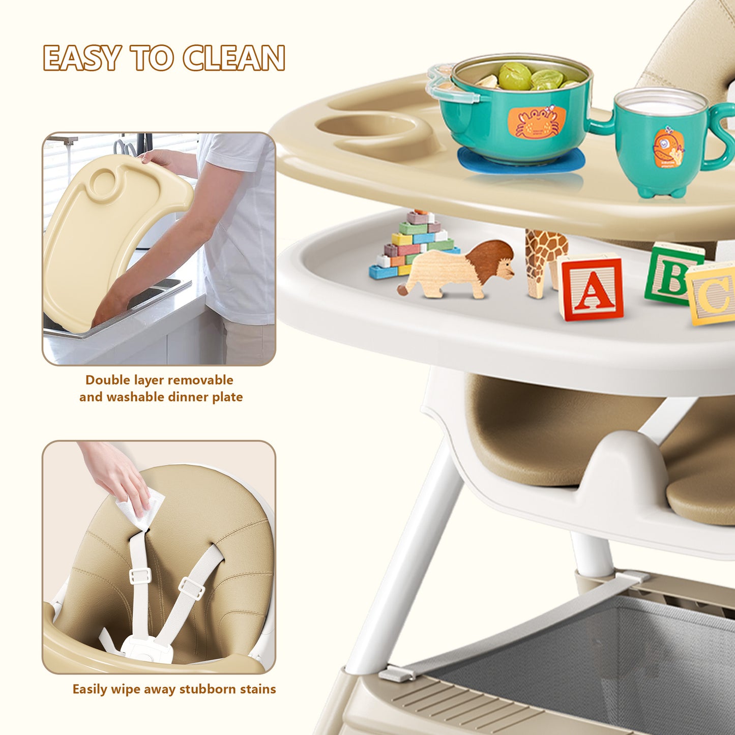 3 in 1 High Chair, Convertible High Chairs for Babies and Toddlers with Removable Tray & PU Cushion
