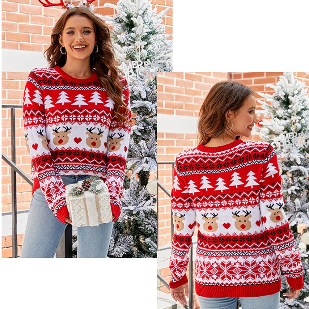 SOMER Christmas Sweater Reindeer Xmas Tree Snowflake Festival Ugly Knit Sweater Holiday Long Sleeve Elk Pullover
