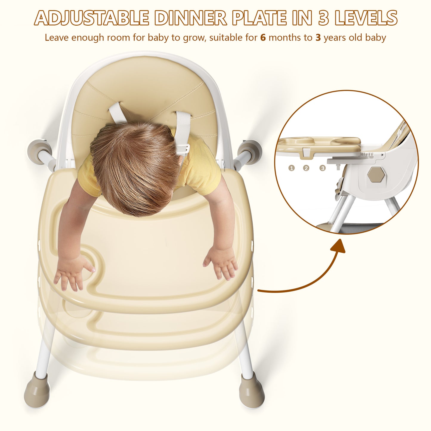 3 in 1 High Chair, Convertible High Chairs for Babies and Toddlers with Removable Tray & PU Cushion