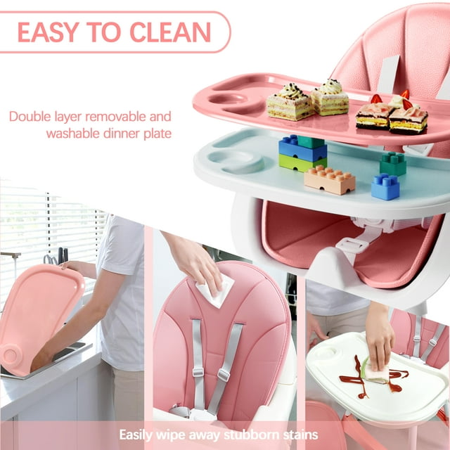 3 in 1 High Chair, Convertible High Chairs for Babies and Toddlers with Removable Tray & PU Cushion, Pink