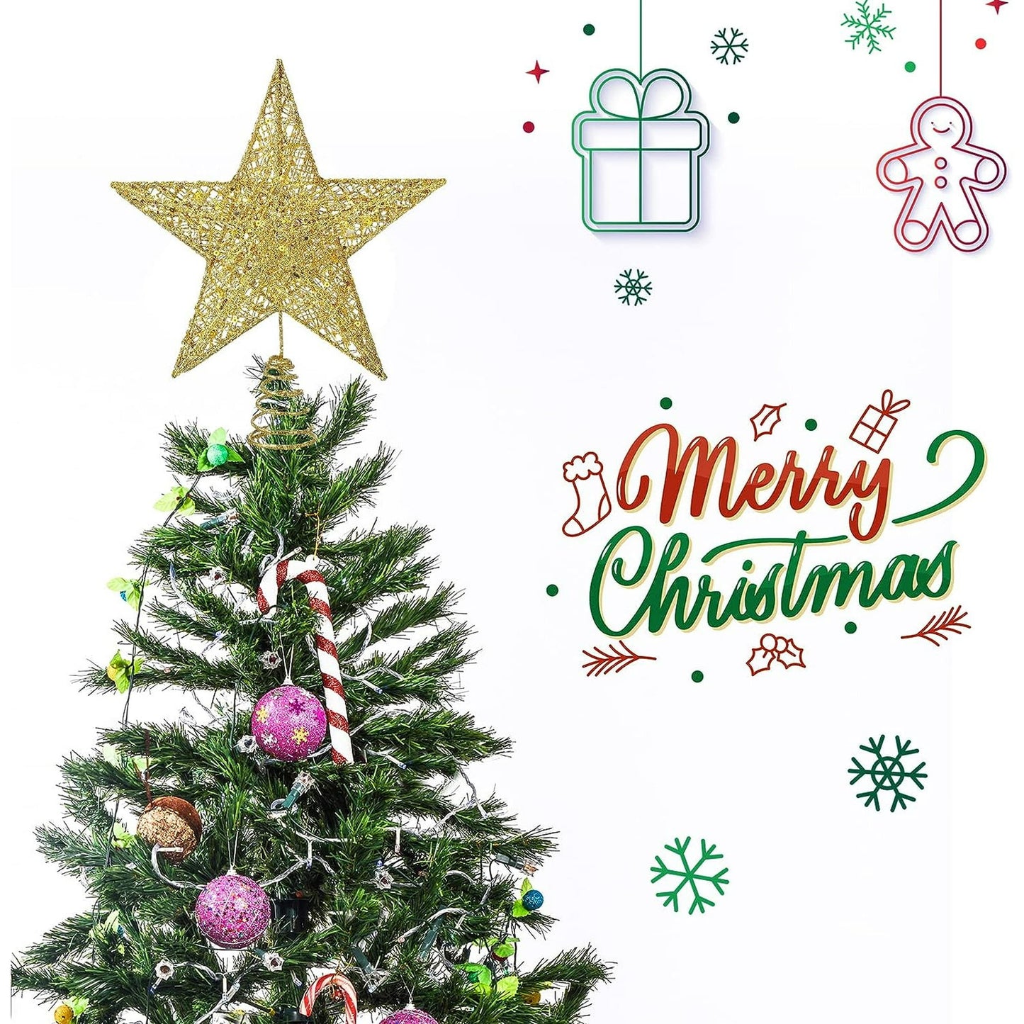 Christmas Tree Topper,8" Gold Christmas Tree Star Toppers for Christmas Decoration,Golden 3D Hollow Glitter Star for Xmas D