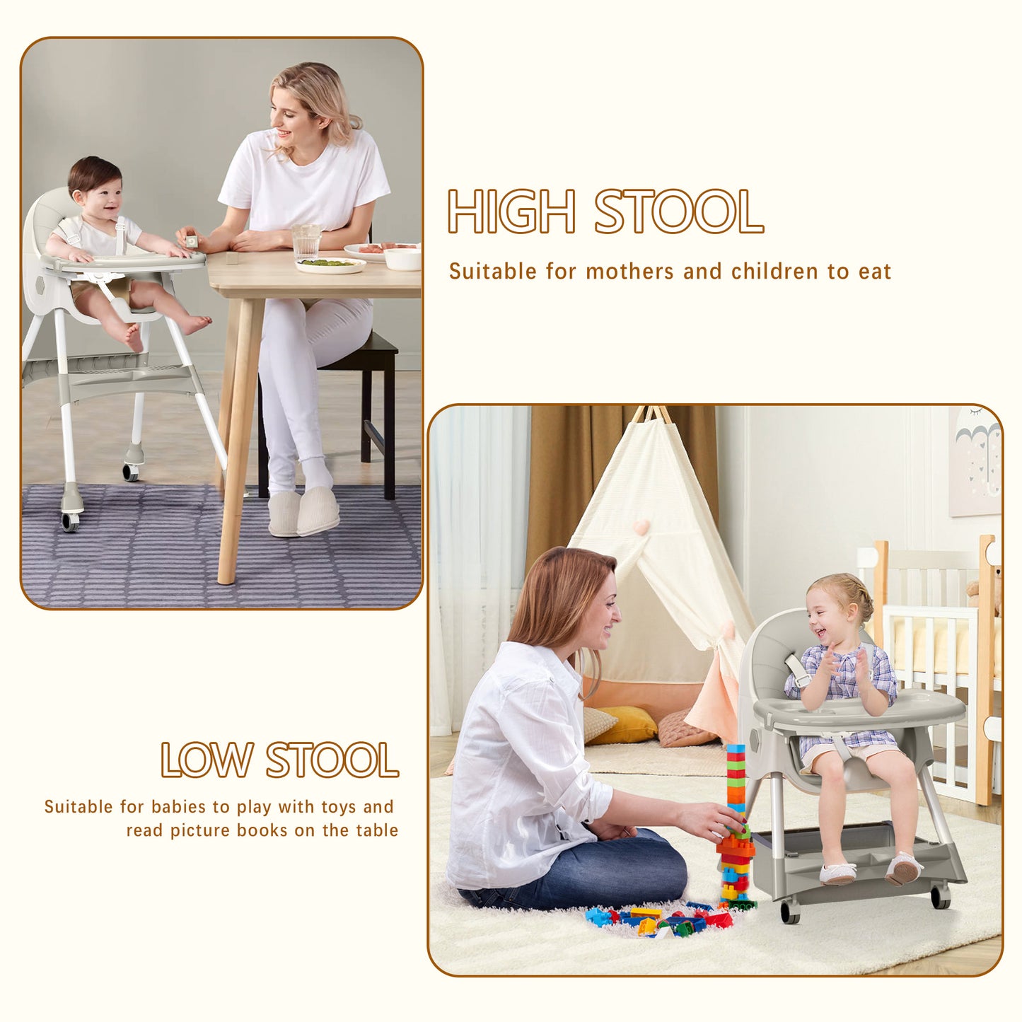 3 in 1 High Chair, Convertible High Chairs for Babies and Toddlers with Removable Tray & PU Cushion