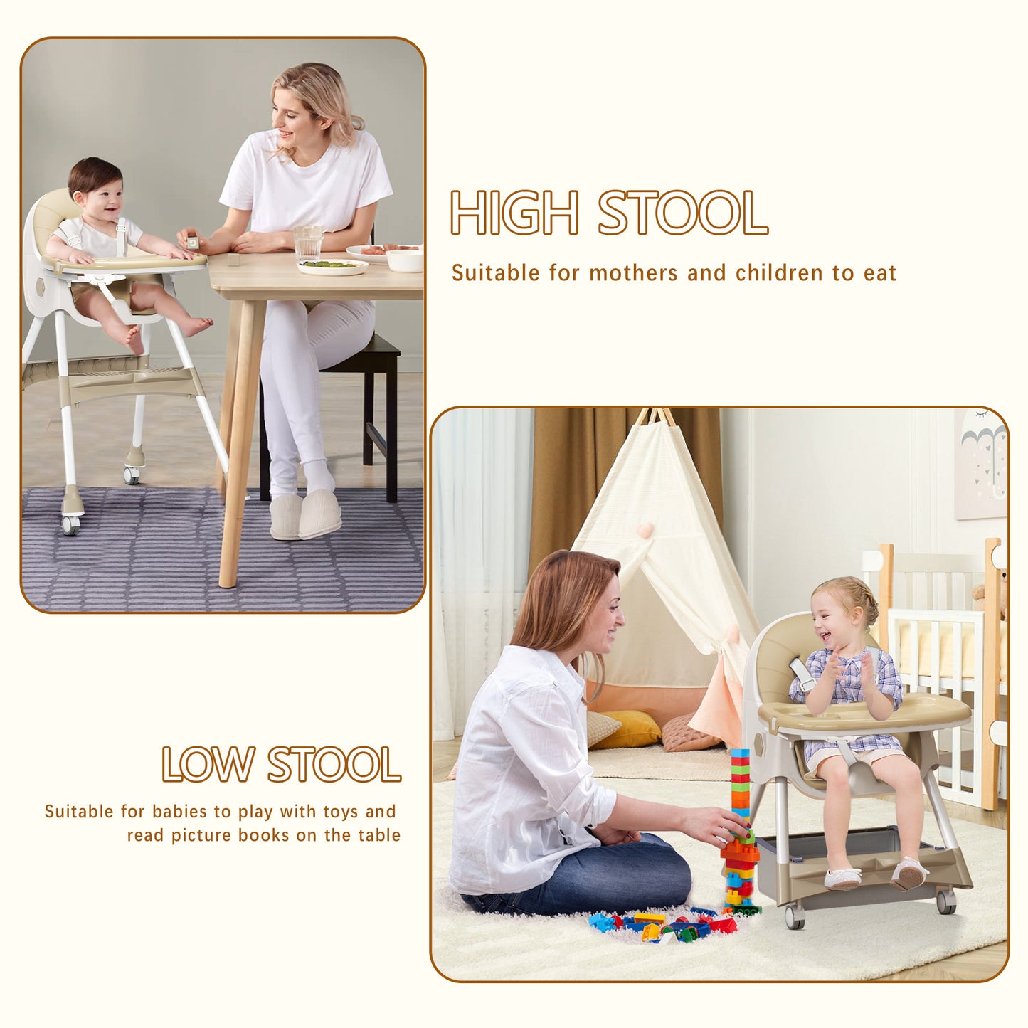 3 in 1 High Chair, Convertible High Chairs for Babies and Toddlers with Removable Tray & PU Cushion