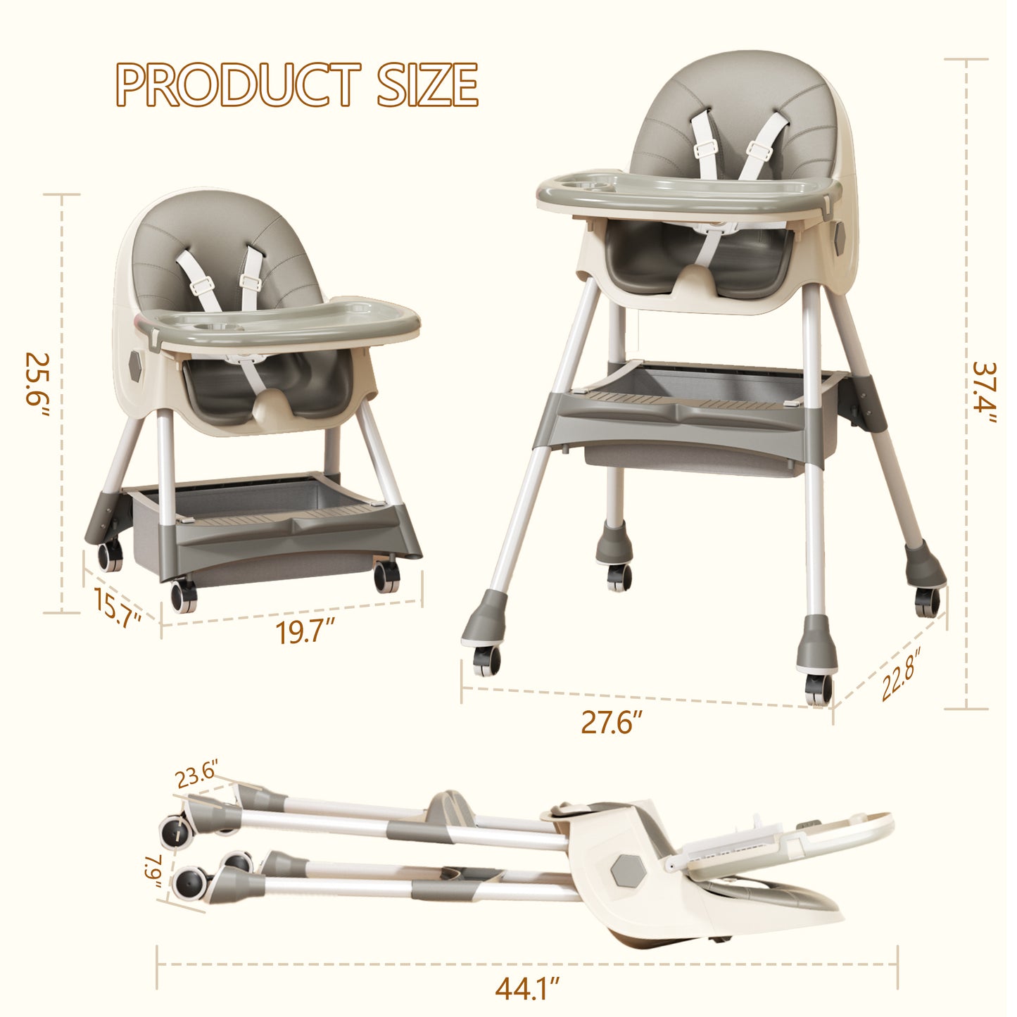 3 in 1 High Chair, Convertible High Chairs for Babies and Toddlers with Removable Tray & PU Cushion