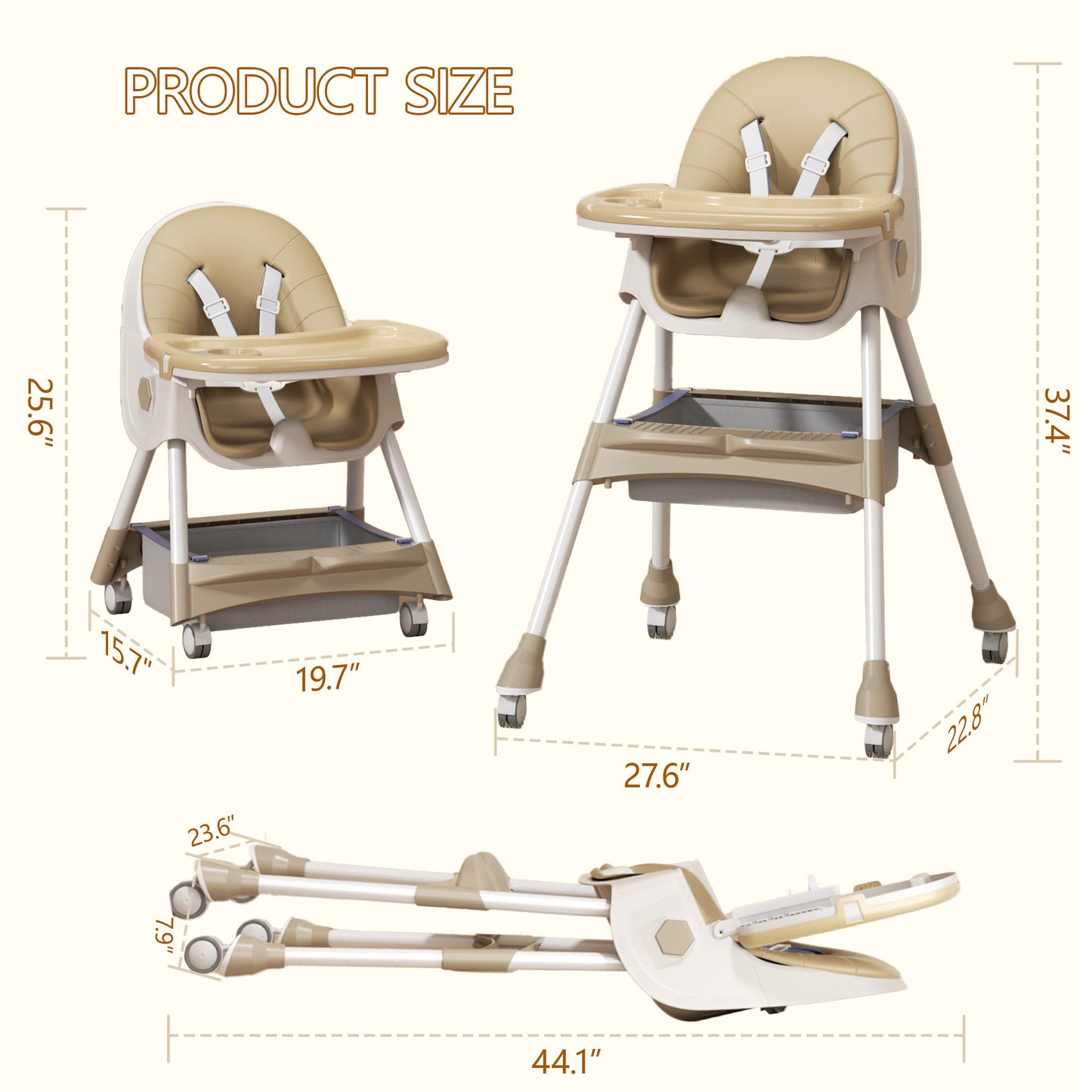 3 in 1 High Chair, Convertible High Chairs for Babies and Toddlers with Removable Tray & PU Cushion