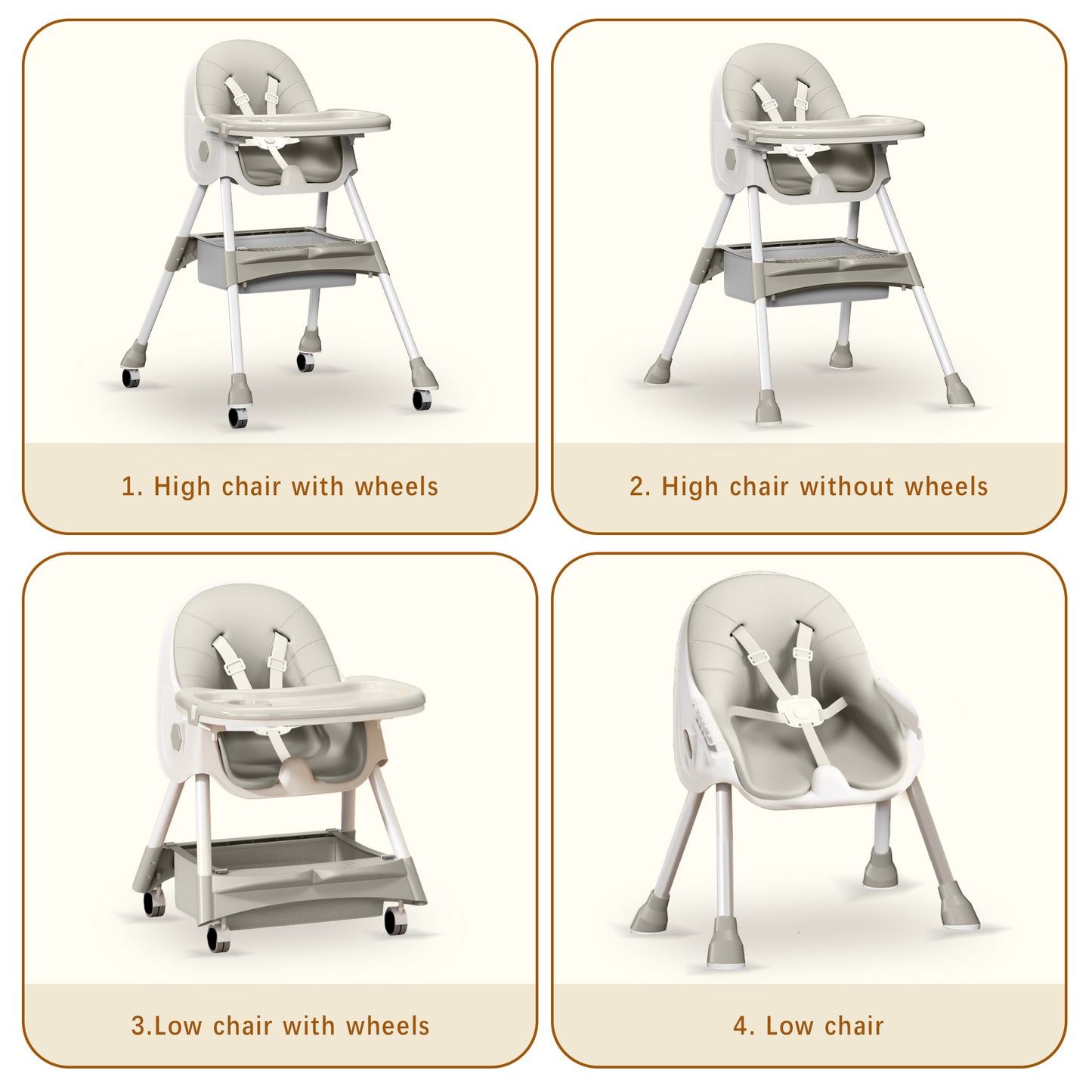 3 in 1 High Chair, Convertible High Chairs for Babies and Toddlers with Removable Tray & PU Cushion