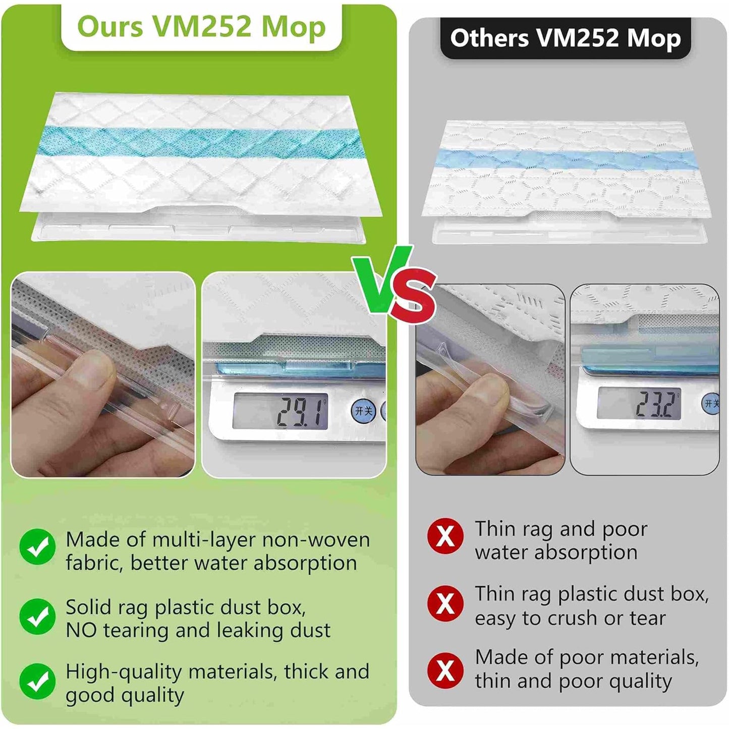 Disposable Hard Floor Vacuum and Mop Pad Refills. Compatible with Models VM252, VM200, VM190, VM250, VM251, VM200C, VM252C, QM250, VC205. Suitable for All Sealed Floors.(12 Pack)