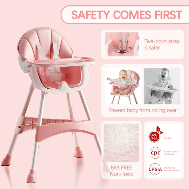 3 in 1 High Chair, Convertible High Chairs for Babies and Toddlers with Removable Tray & PU Cushion, Pink