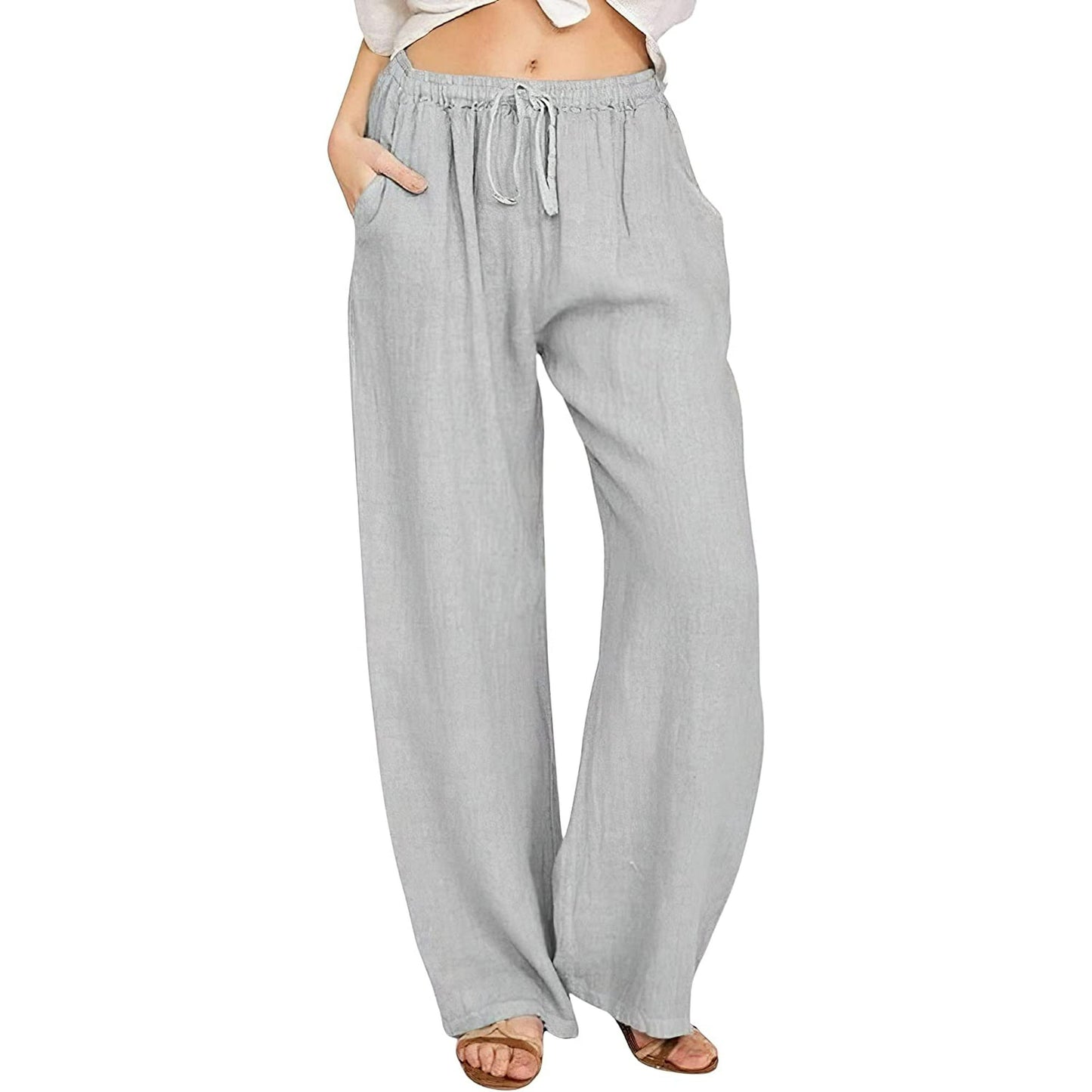 SOMER Pants for Women Flowy Casual Drawstring Waist Wide Leg Loose Cotton Linen Palazzo Pants with Pocket