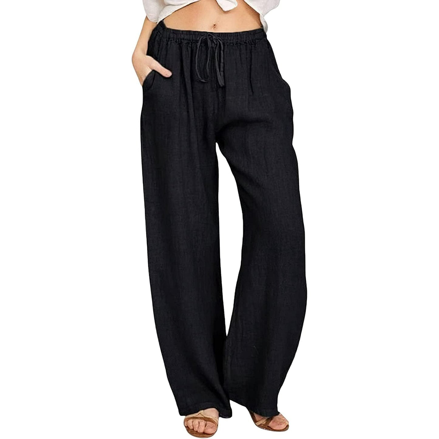 SOMER Pants for Women Flowy Casual Drawstring Waist Wide Leg Loose Cotton Linen Palazzo Pants with Pocket