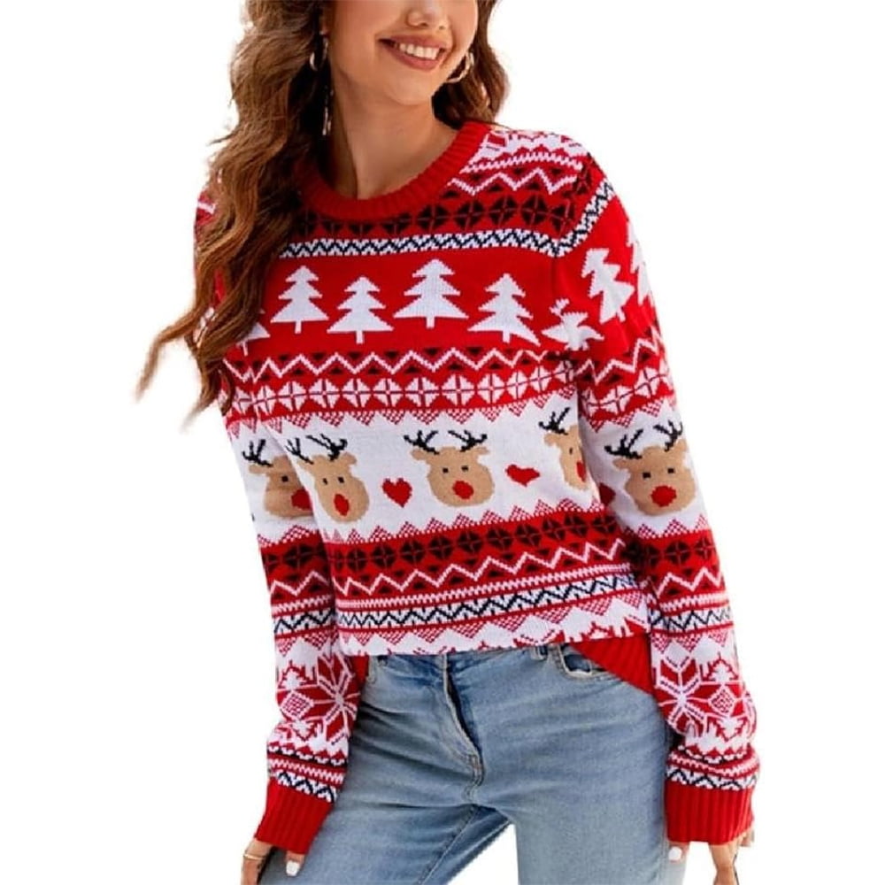 SOMER Christmas Sweater Reindeer Xmas Tree Snowflake Festival Ugly Knit Sweater Holiday Long Sleeve Elk Pullover