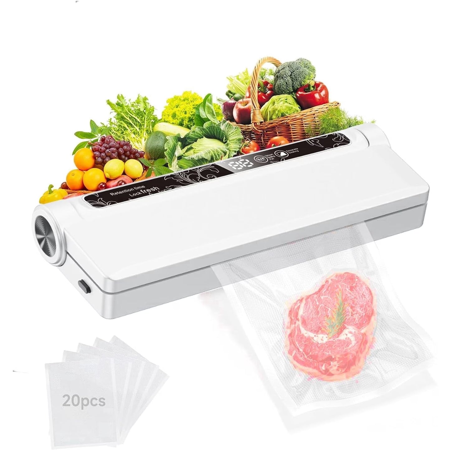 Vacuum Sealer Machine for Food- Compact Household Vacuum Sealer. 60KPA Strong Suction, Moist/Dry Modes, with 20 Vacuum Seal Bags for Food, LED Indicator Light with Digital Countdown Timer, Compact, L