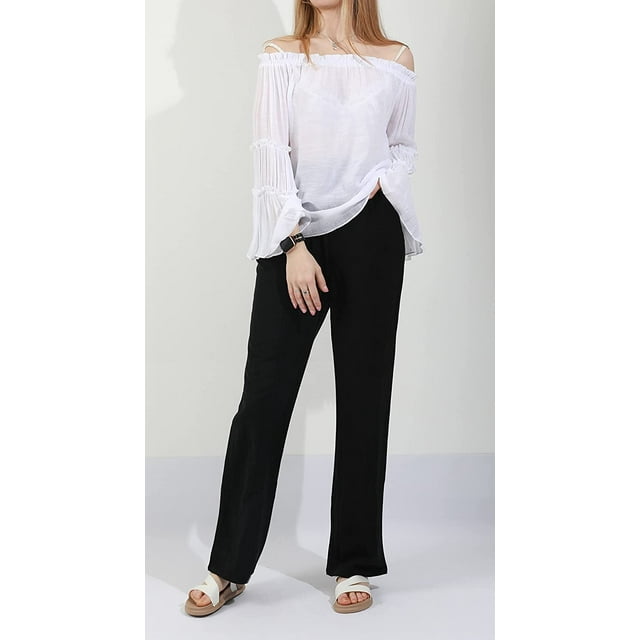 SOMER Pants for Women Flowy Casual Drawstring Waist Wide Leg Loose Cotton Linen Palazzo Pants with Pocket