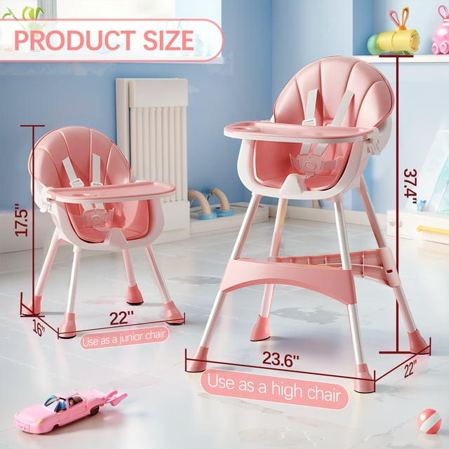 3 in 1 High Chair, Convertible High Chairs for Babies and Toddlers with Removable Tray & PU Cushion, Pink