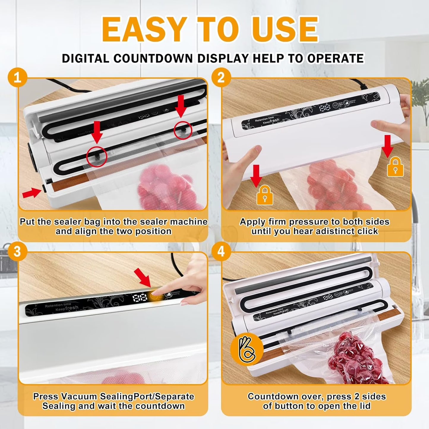 Vacuum Sealer Machine for Food- Compact Household Vacuum Sealer. 60KPA Strong Suction, Moist/Dry Modes, with 20 Vacuum Seal Bags for Food, LED Indicator Light with Digital Countdown Timer, Compact, L