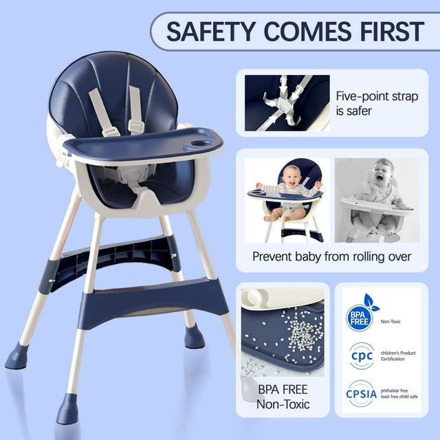 3 in 1 High Chair, Convertible High Chairs for Babies and Toddlers with Removable Tray & PU Cushion, Blue