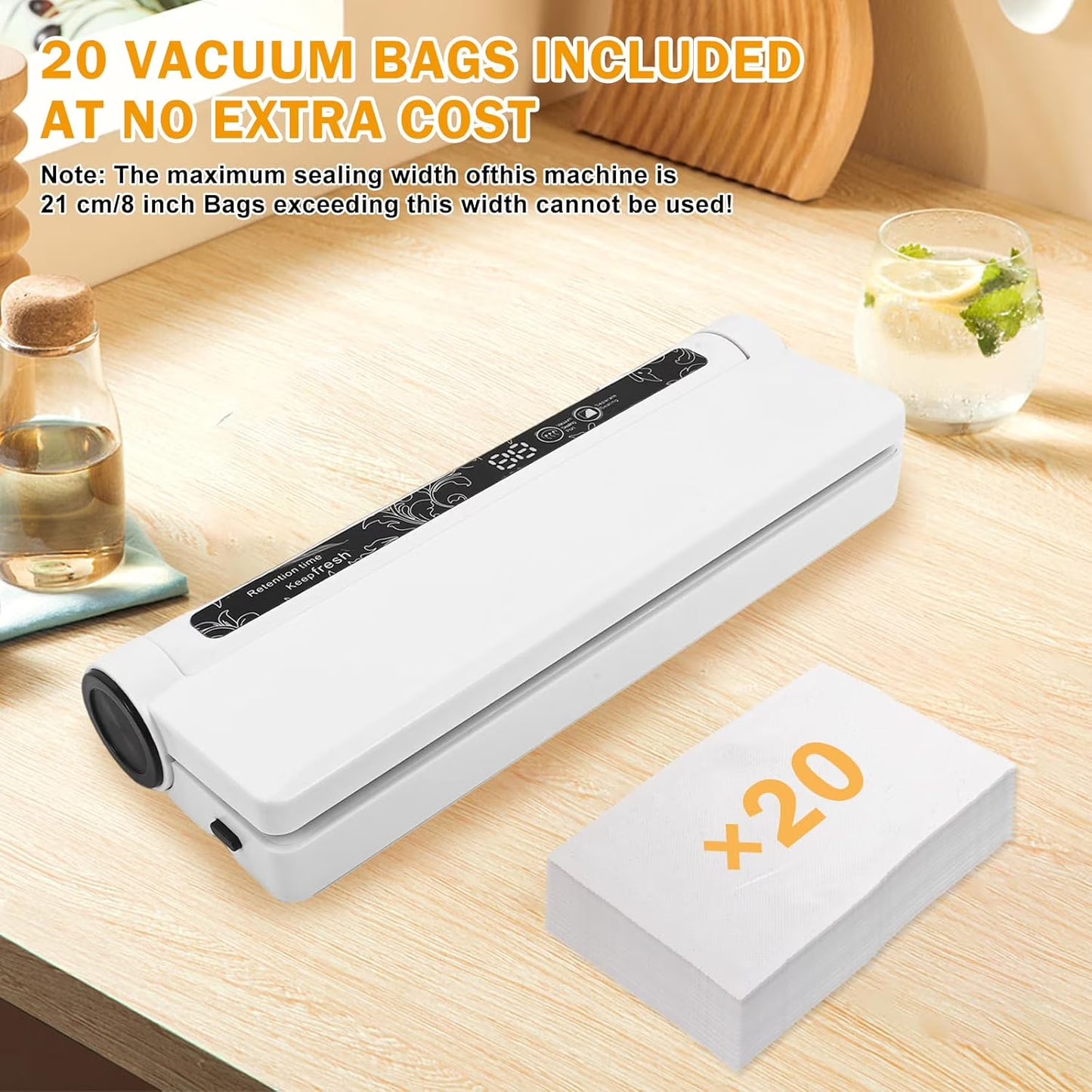 Vacuum Sealer Machine for Food- Compact Household Vacuum Sealer. 60KPA Strong Suction, Moist/Dry Modes, with 20 Vacuum Seal Bags for Food, LED Indicator Light with Digital Countdown Timer, Compact, L