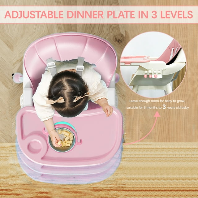 3 in 1 High Chair, Convertible High Chairs for Babies and Toddlers with Removable Tray & PU Cushion, Pink