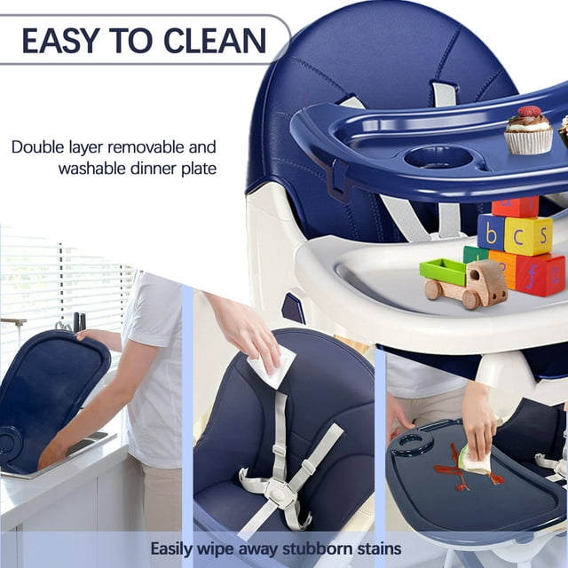 3 in 1 High Chair, Convertible High Chairs for Babies and Toddlers with Removable Tray & PU Cushion, Blue