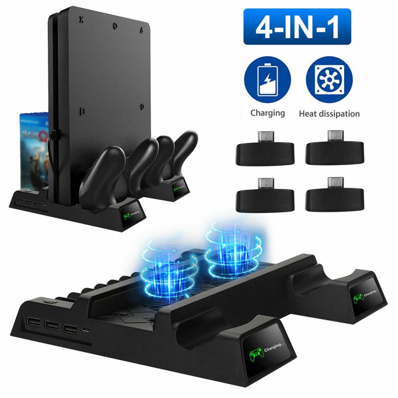 Cooling Fan For PS4 Dual Controller Charger Dock Station Slim Vertical Stand USB For Game Pad 4 Micro USB Adapter Ports