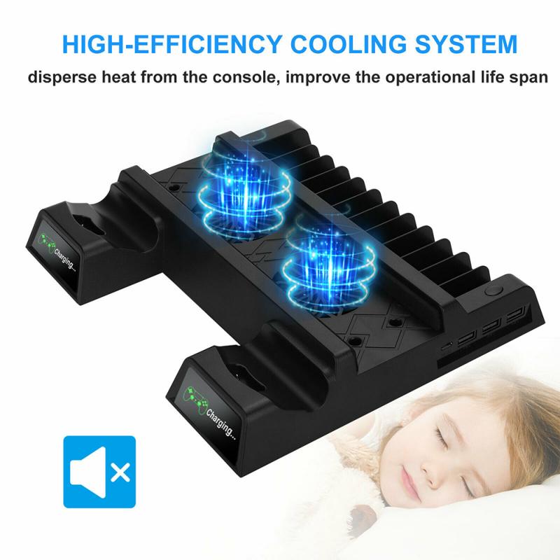 Cooling Fan For PS4 Dual Controller Charger Dock Station Slim Vertical Stand USB For Game Pad 4 Micro USB Adapter Ports