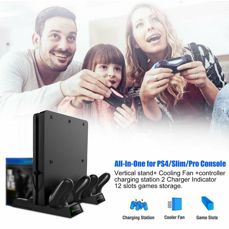 Cooling Fan For PS4 Dual Controller Charger Dock Station Slim Vertical Stand USB For Game Pad 4 Micro USB Adapter Ports