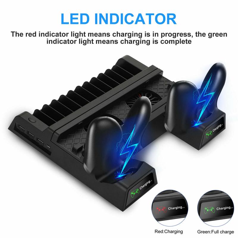 Cooling Fan For PS4 Dual Controller Charger Dock Station Slim Vertical Stand USB For Game Pad 4 Micro USB Adapter Ports